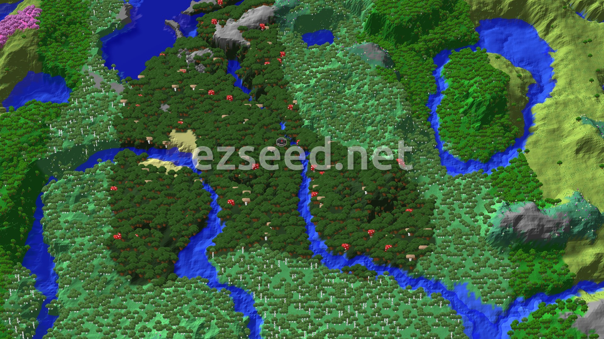 Aerial Minecraft seed map — Dark Forest Spawn with Close Trial Chambers