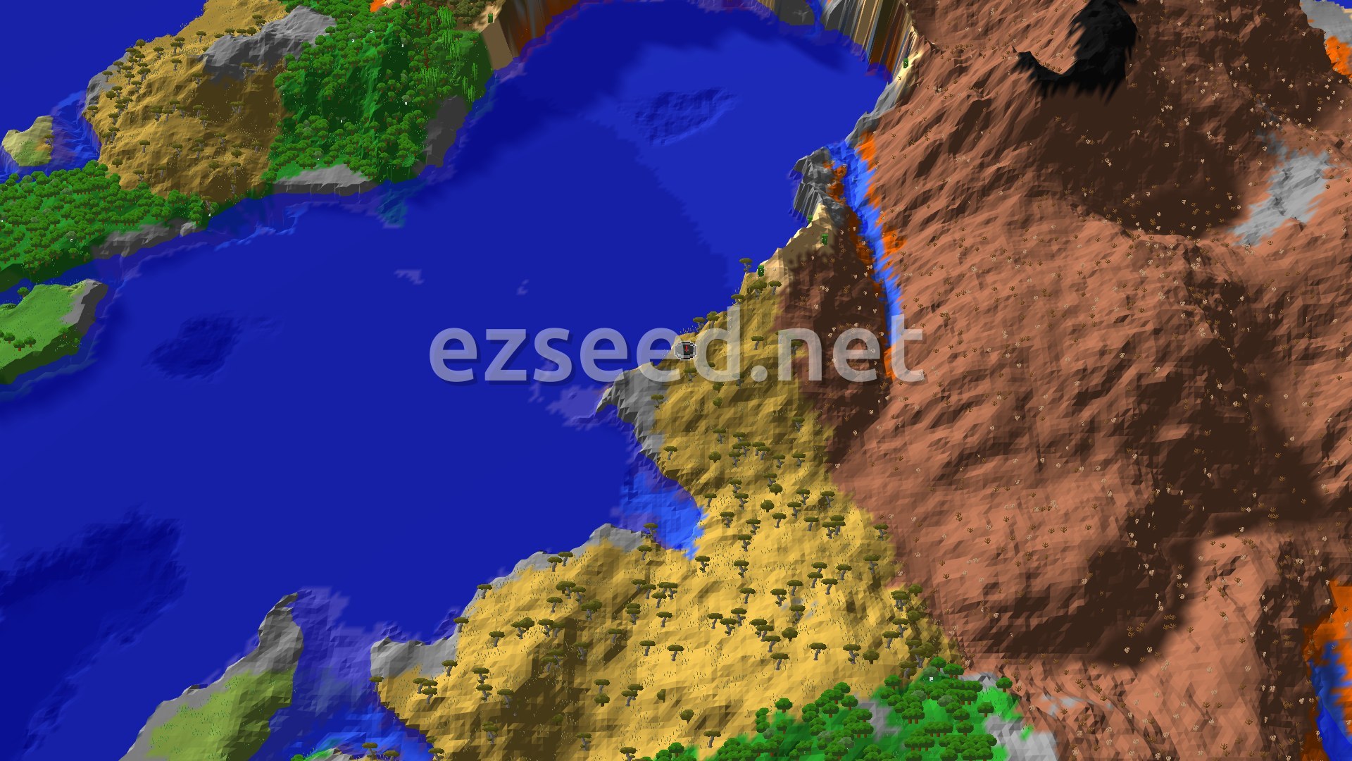 An aerial view showing a large blue ocean bordered by varied terrain: a savanna with scattered trees, green forests, and extensive reddish-brown badlands.
