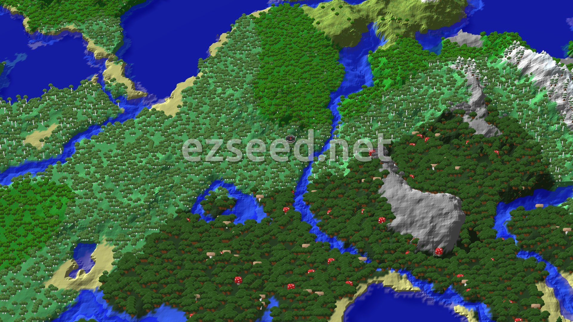 An overhead view of a birch forest leading to a diverse landscape with a river and hills.