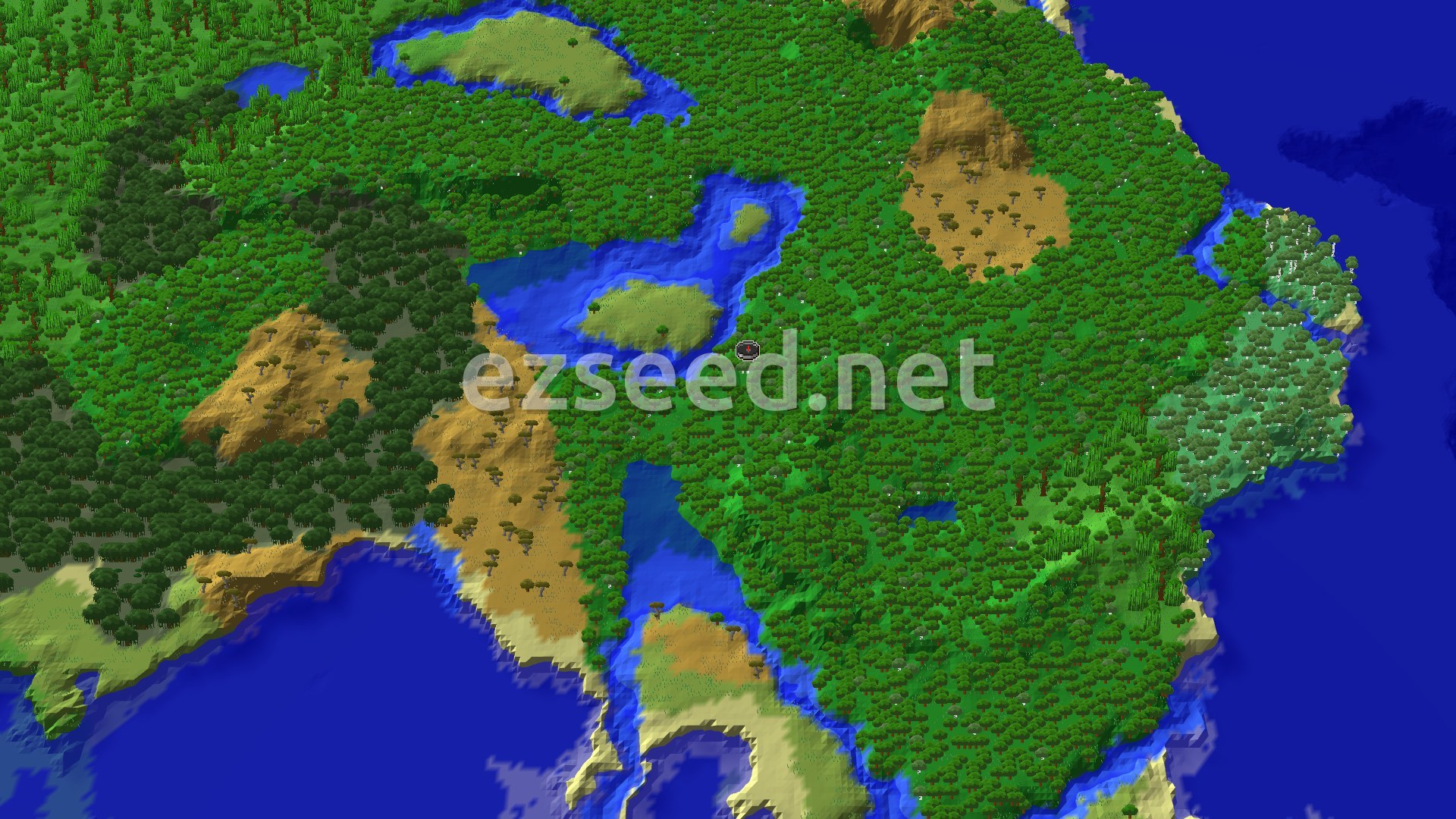 A bird's eye view of a dense forest with scattered lakes and a winding river, bordered by oceans, showing some savanna hills and a small island near the center.