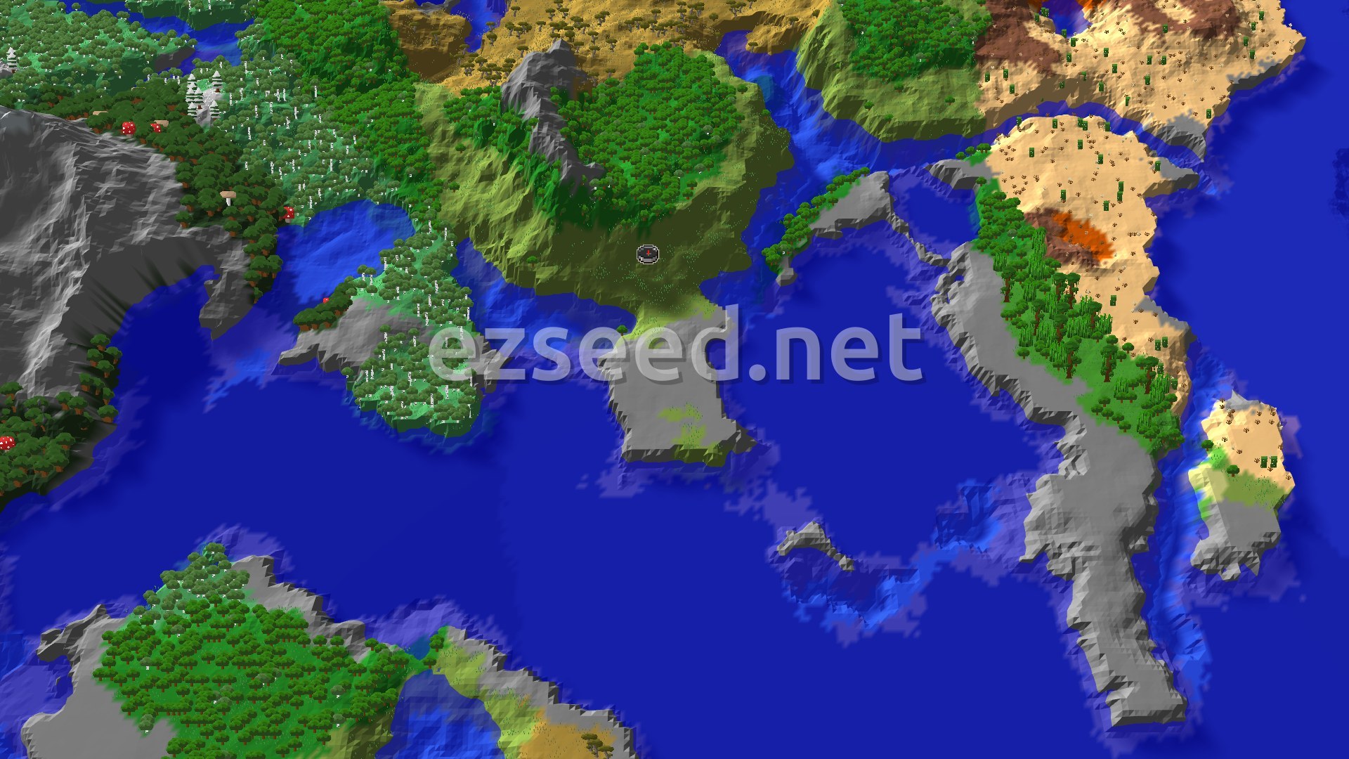 A 3D fly-over of the seed's spawn area, showing a varied landscape of plains, forests, and some stony hills, with water features.