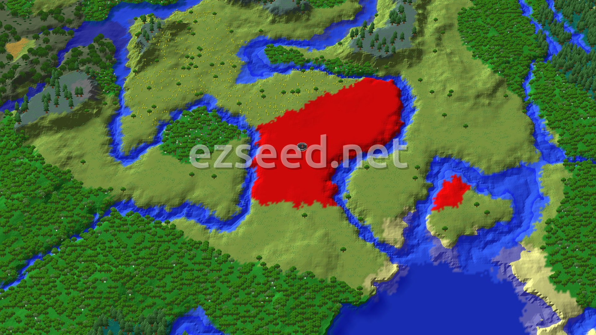 A bird's-eye view of a Dappled Forest at spawn, surrounded by varied trees, some plains, and a nearby lake.