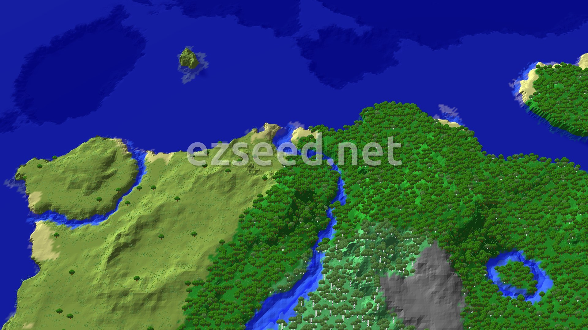 An overhead view of a diverse landscape with a dense forest, a winding river, and a large ocean with small islands. The spawn point is marked in the center of a grassy, tree-covered area.