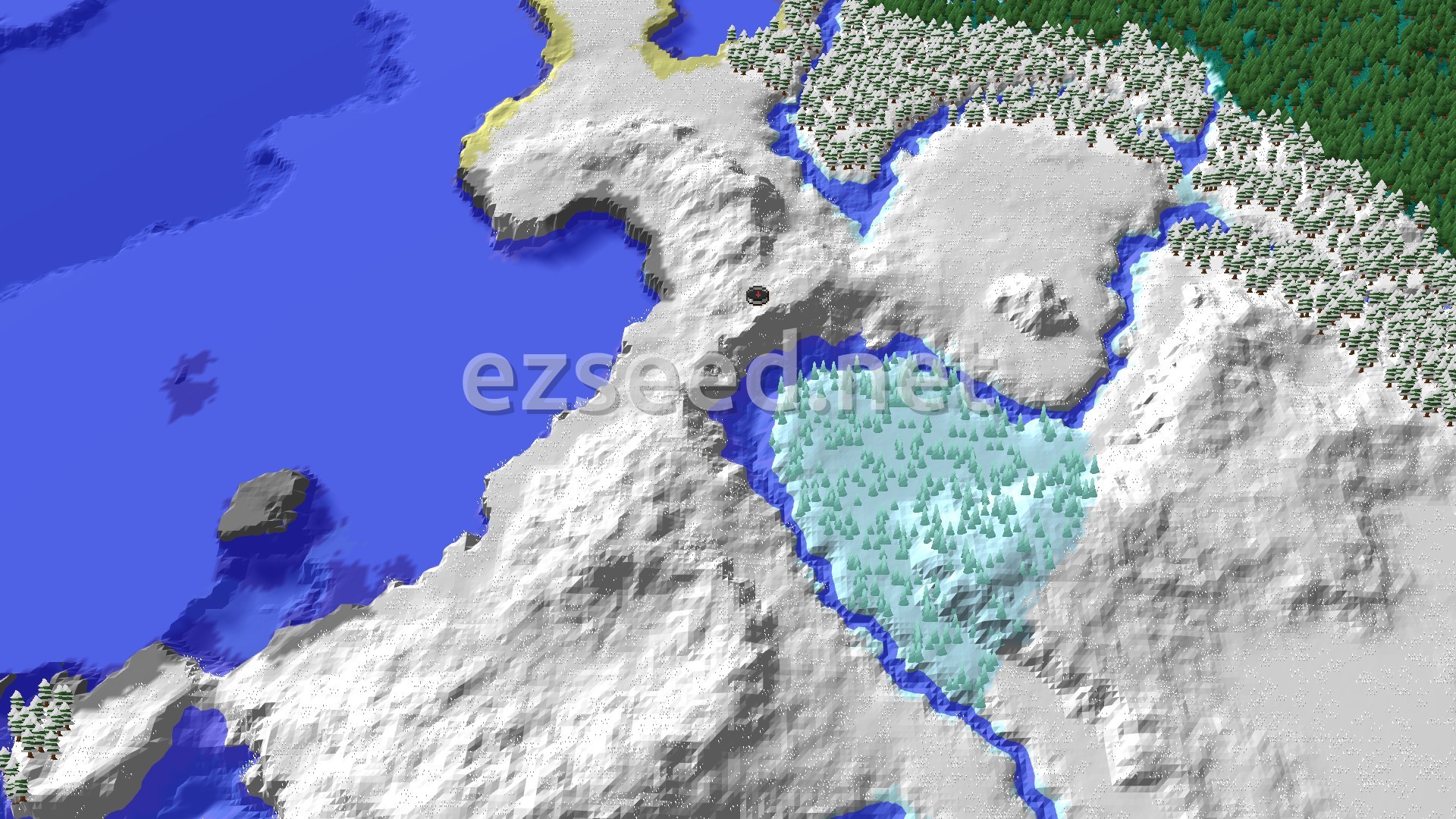 A 3D overhead view of a snow-covered landscape with a frozen river, patches of ice spikes, and dense spruce forests on higher ground. A small marker shows the spawn point on a snowy plain.