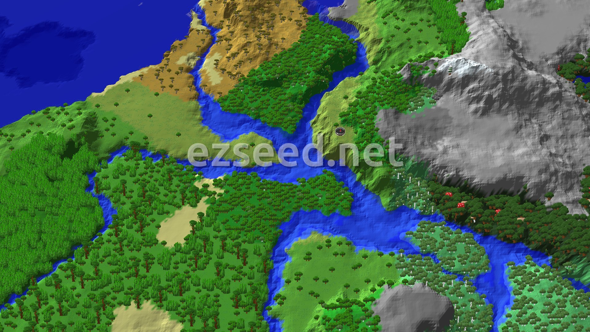 An aerial view of varied terrain featuring a large river winding through forests, plains, and a mountainous region with snow-capped peaks to the east. A small marker indicates the spawn point in the central plains.