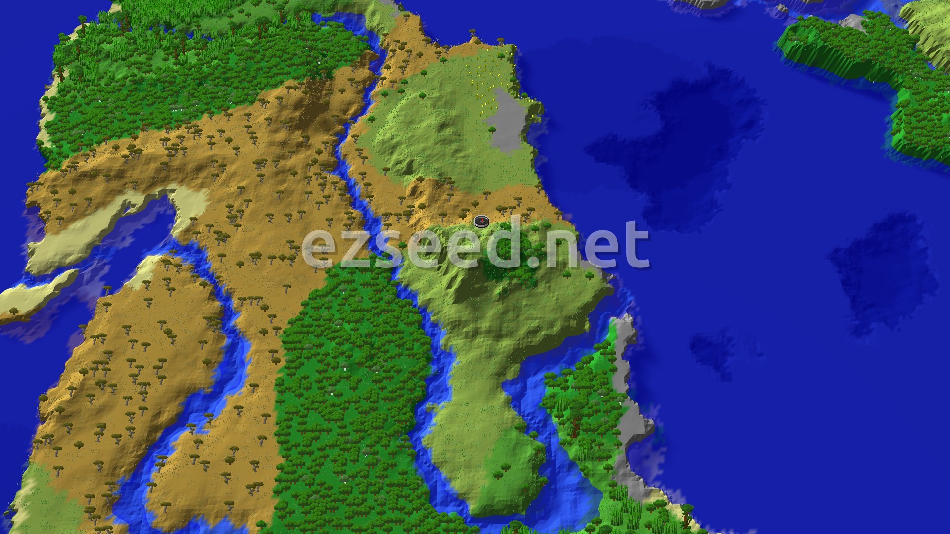 An overhead view of a diverse landscape featuring plains, forests, and savannas, with a river winding through it and open water in the distance.