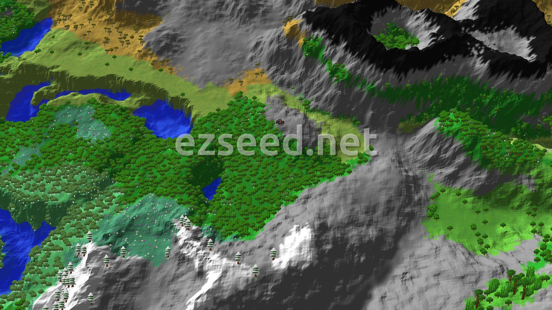 A 3D fly-over of a dense forest with a small lake, bordered by plains, savannas, and imposing grey mountains, some with snowy peaks. A spawn marker sits in the central forest.