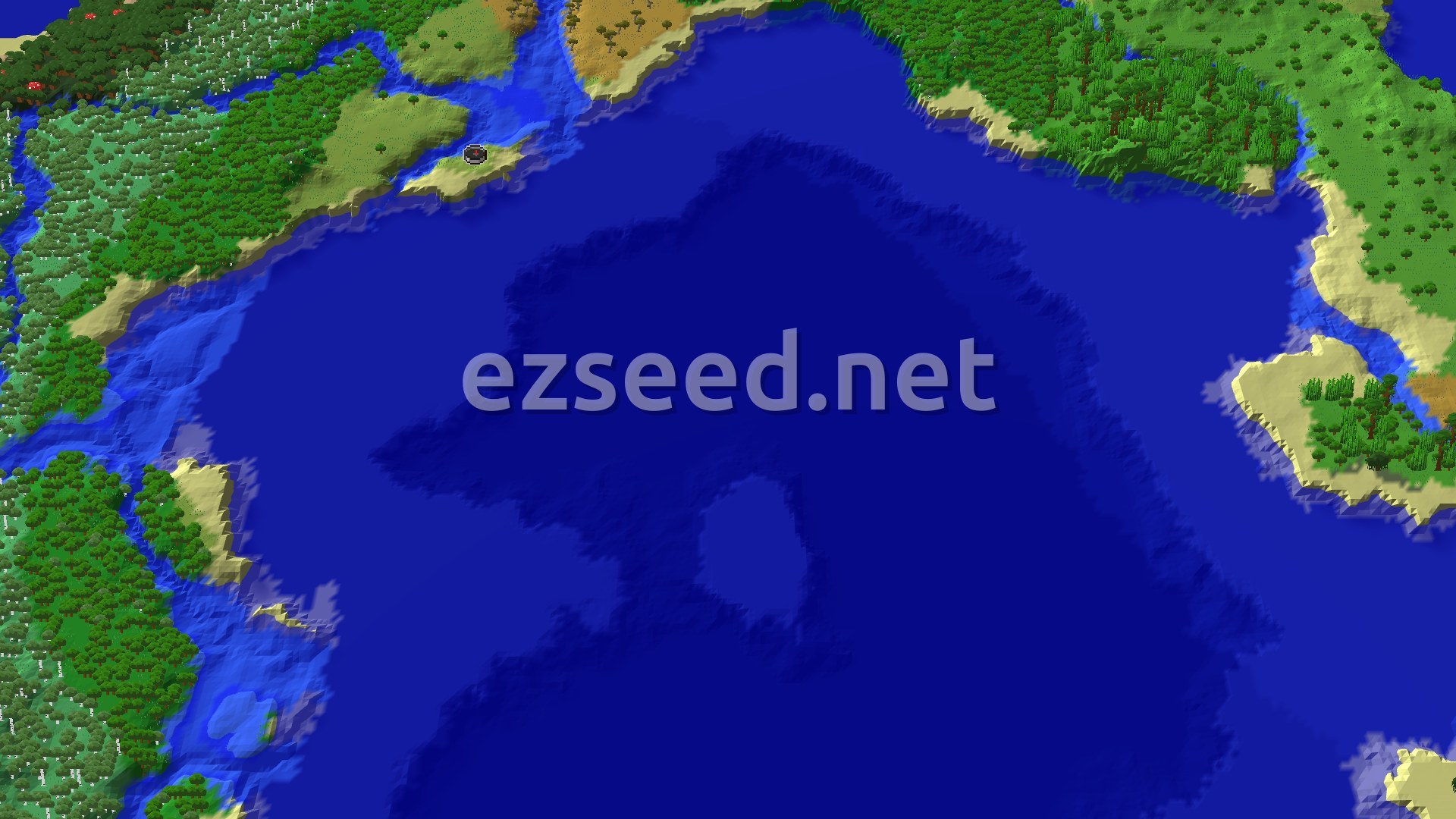 An aerial view of the spawn area shows a sandy beach next to a large ocean, with green forests and plains stretching inland from the coast.