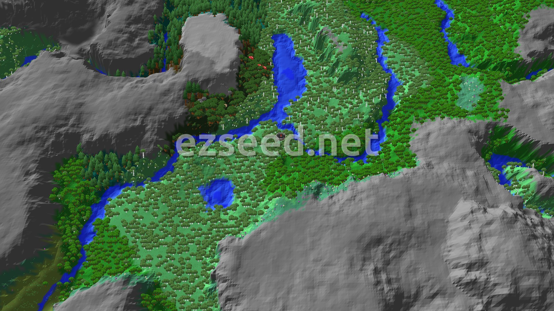 A bird's eye view of a varied landscape with a large river winding through forests and lighter green meadows, framed by grey mountains and hills. A small spawn marker is visible near the river.