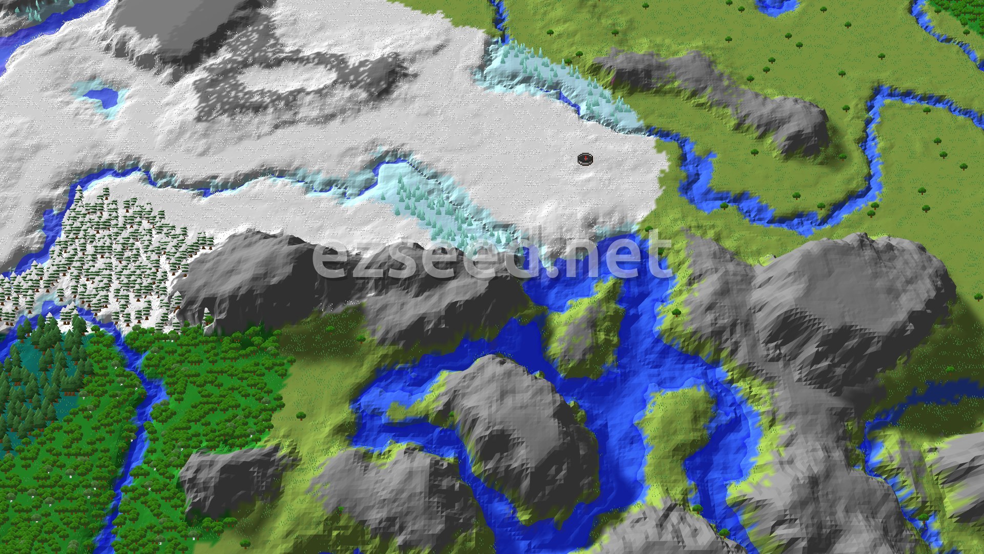 Aerial Minecraft seed map — Snowy Plains Spawn with Nearby Ancient City