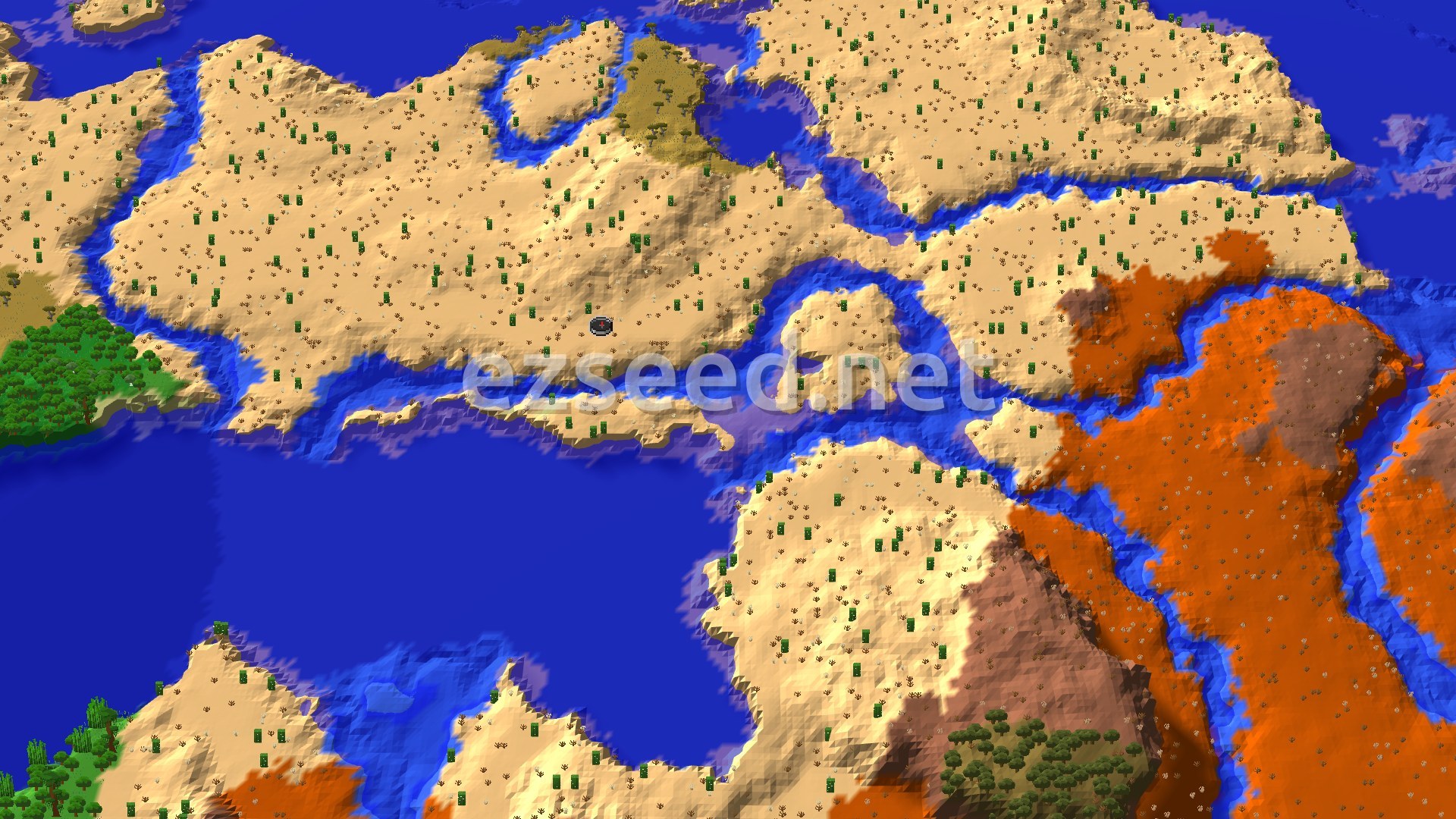 An aerial view of a mostly desert landscape, with rivers and a large body of water, and patches of badlands and green jungle biomes.