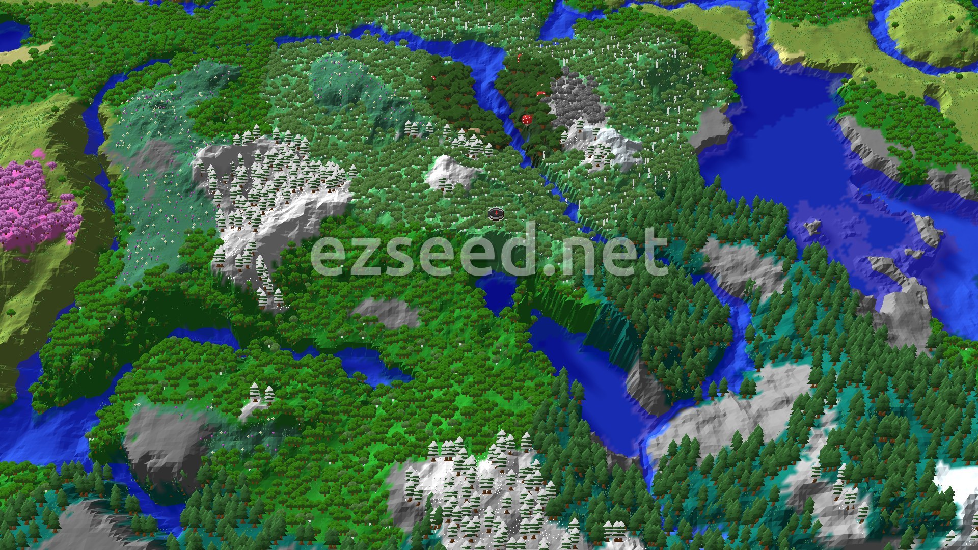 Aerial Minecraft seed map — Pale Garden and Jagged Peaks Overlooking a Lake