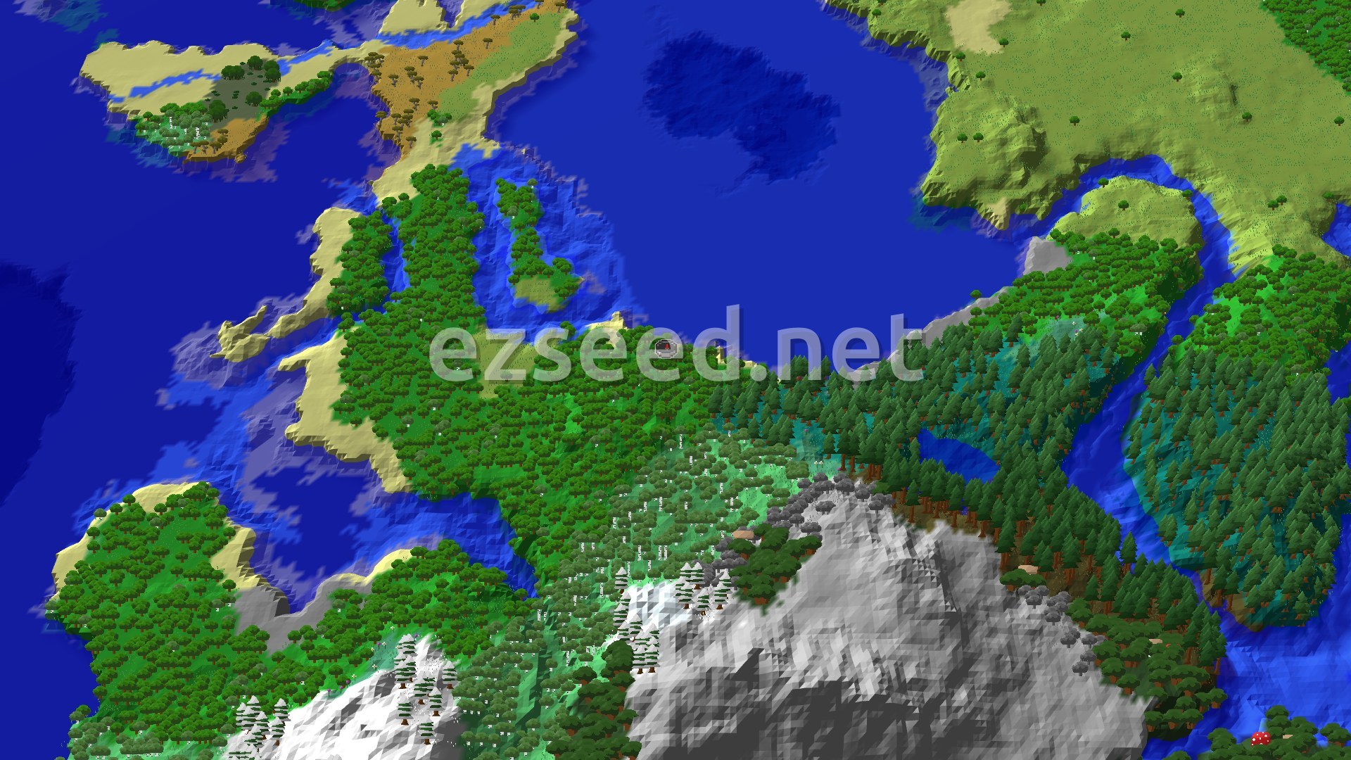 A bird's-eye view of a varied landscape, showing dense green forests, light tan beaches, deep blue oceans, winding rivers, and a snow-capped mountain range.