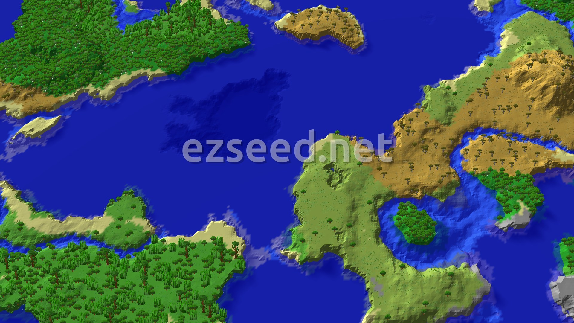 An aerial view of a varied landscape featuring a prominent dark blue ocean, surrounded by green forests, lighter green plains, and patches of sandy terrain.