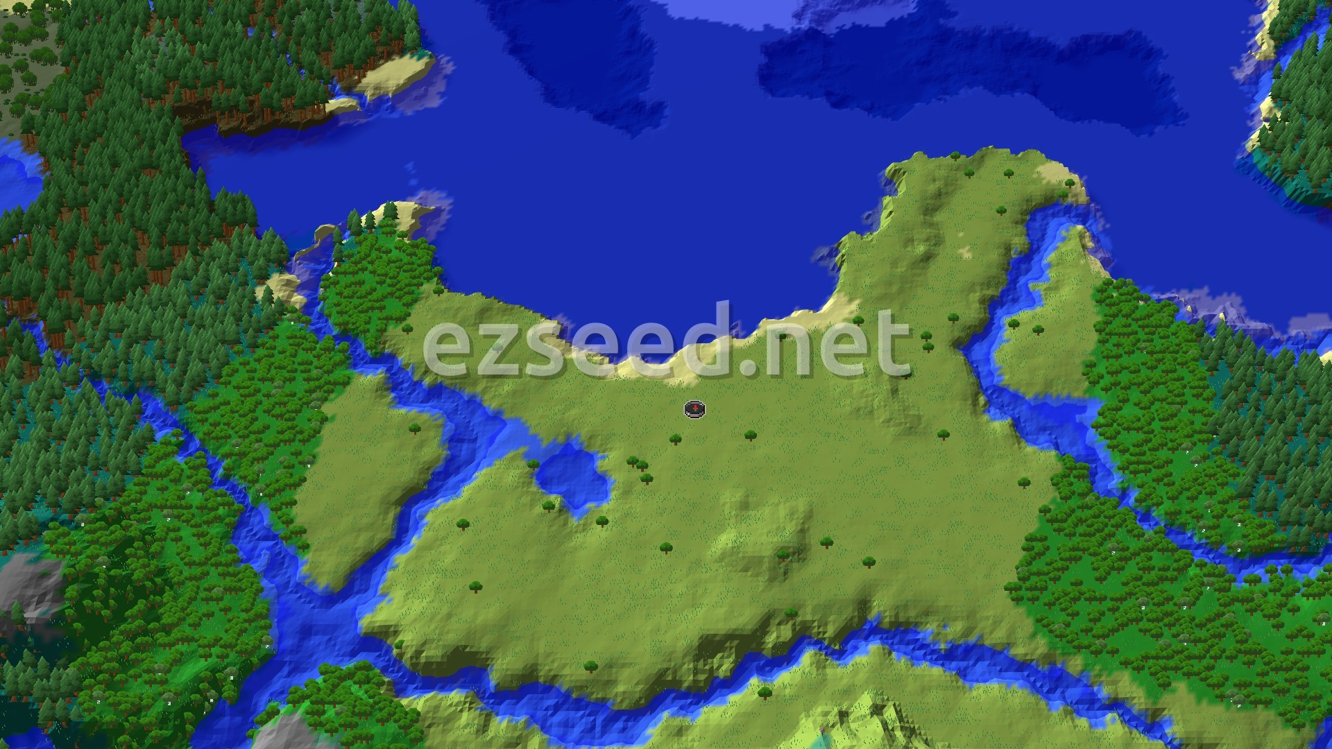 Aerial Minecraft seed map — Plains Spawn with Nearby Ancient City and Village
