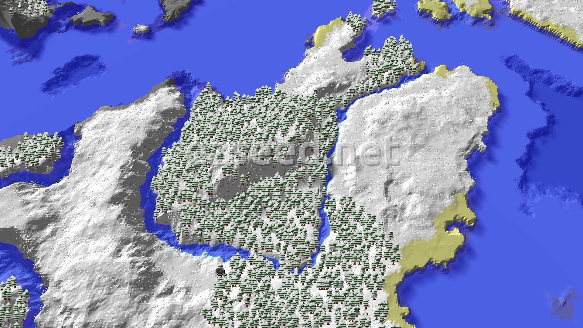 Aerial Minecraft seed map — Frozen River Spawn with Nearby Abandoned Village