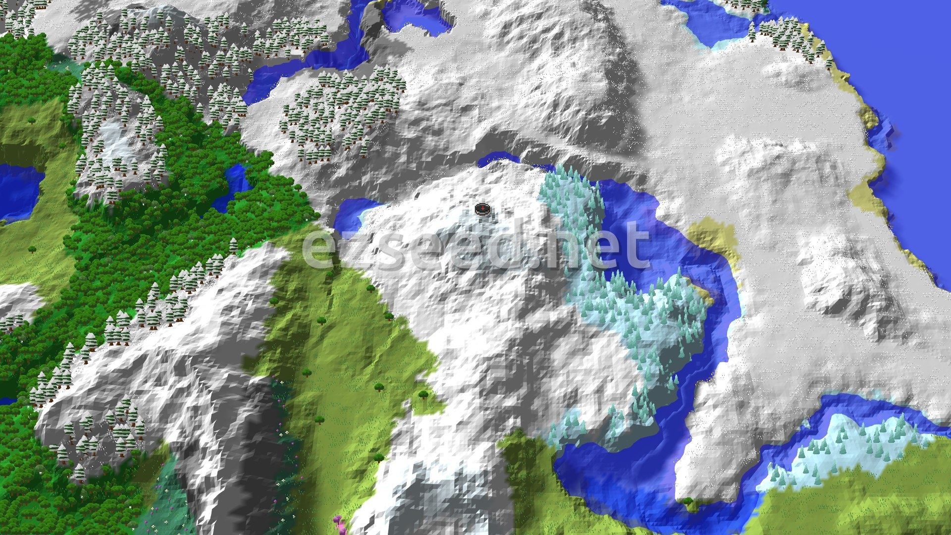Aerial Minecraft seed map — Frozen Peaks Spawn with Nearby Ancient City