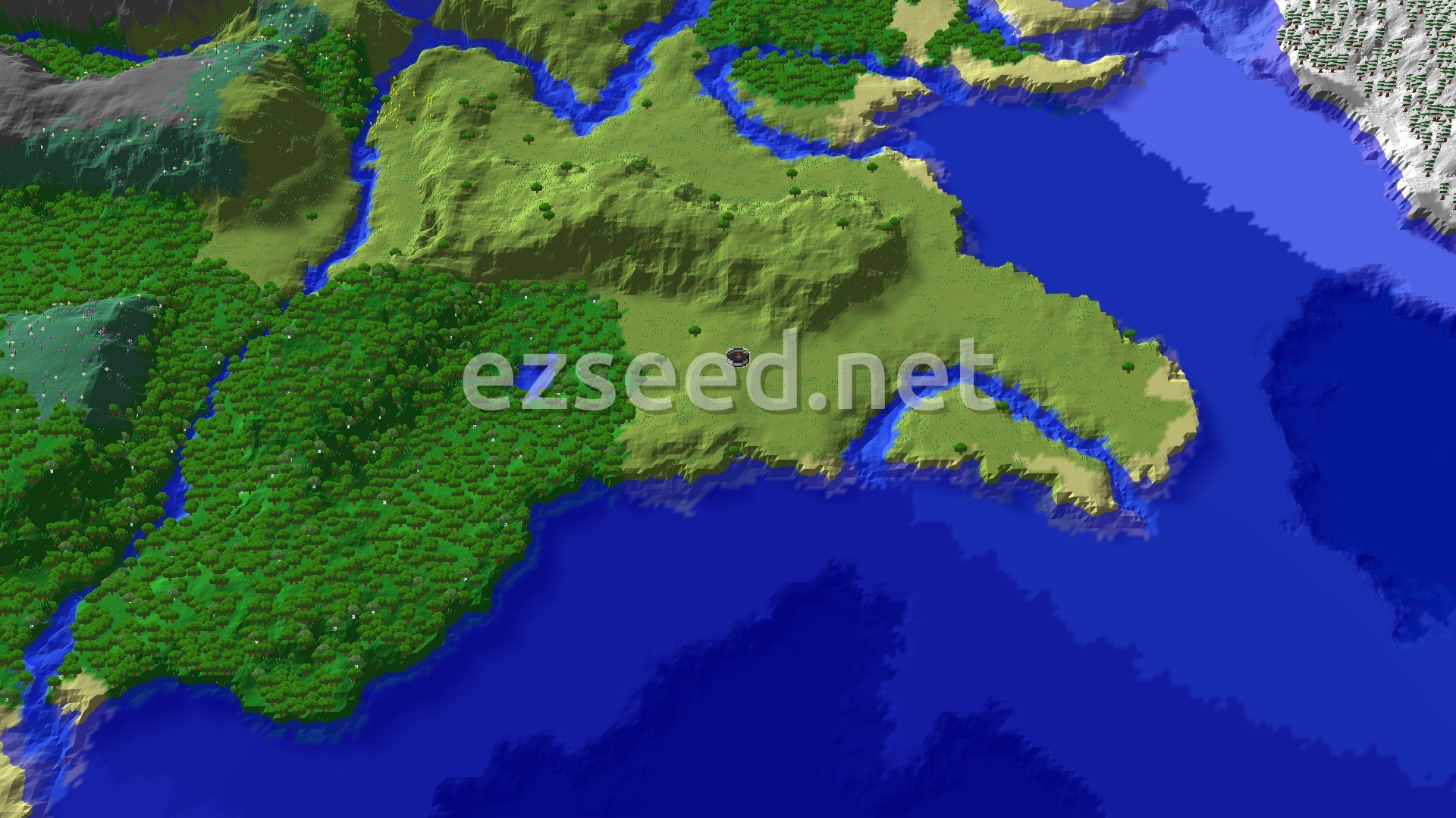 A vast green plains and forest landscape with a significant body of blue water to the east and south, and snowy mountains in the far northeast.