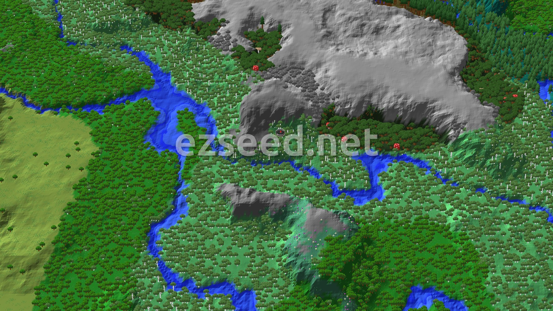 A 3D fly-over of a verdant landscape with a river running through dense forests, leading up to a large grey mountain range. A small spawn marker sits near the center.