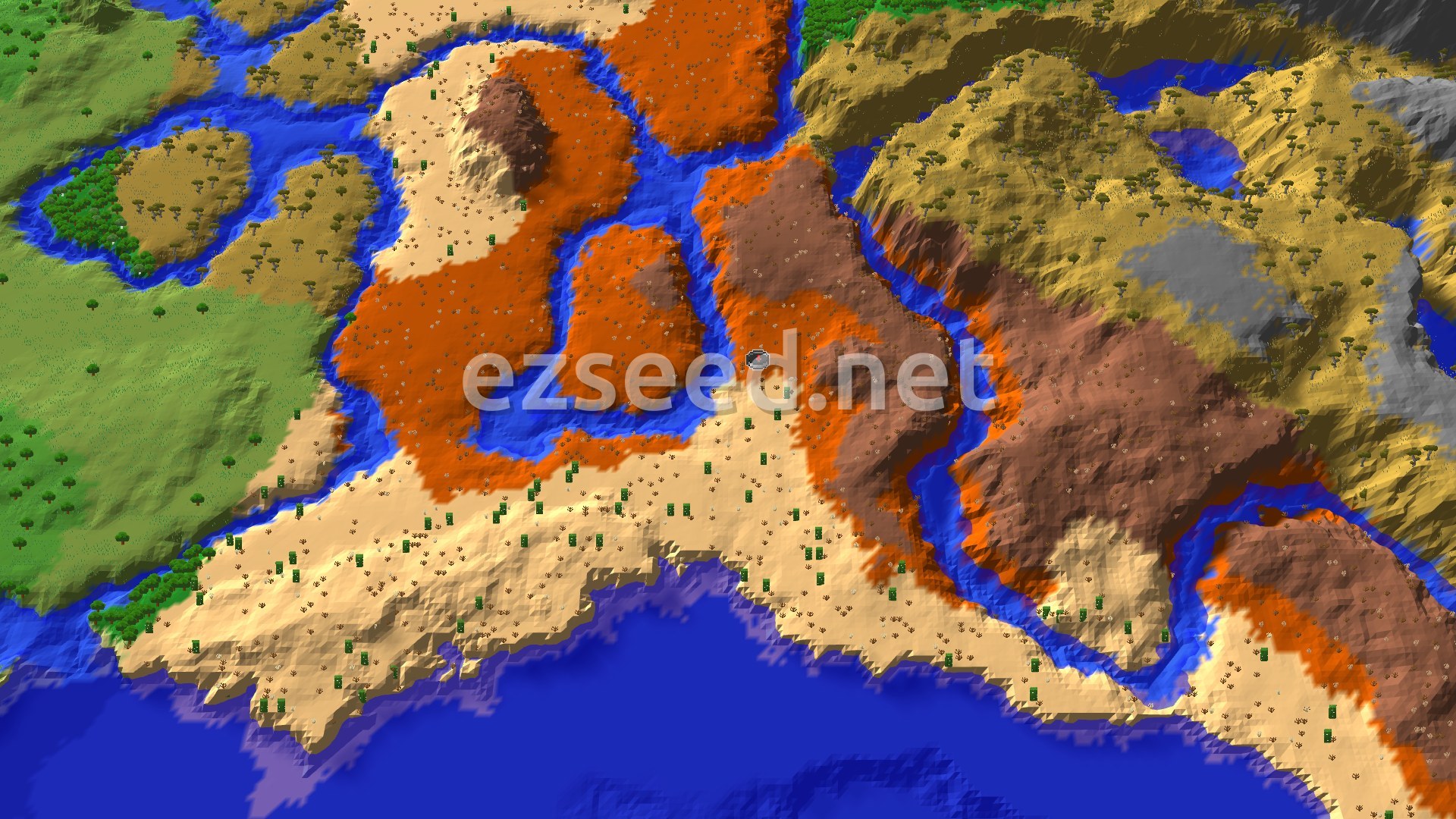 An overhead 3D view of a Minecraft landscape featuring large desert and badlands biomes, intersected by rivers and bordering an ocean. Green savanna and forest areas are visible further out.