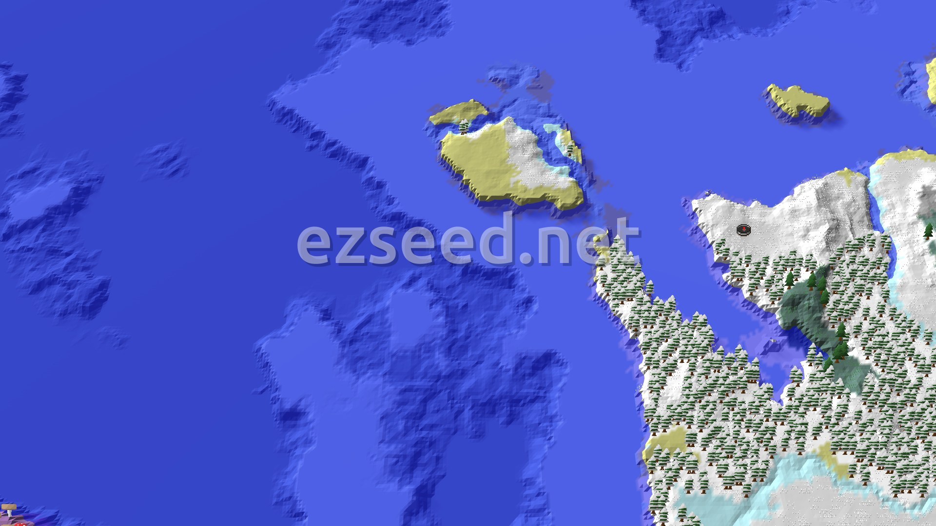 Aerial Minecraft seed map — Ocean Monument Near Snowy Taiga Hills and Frozen Ocean