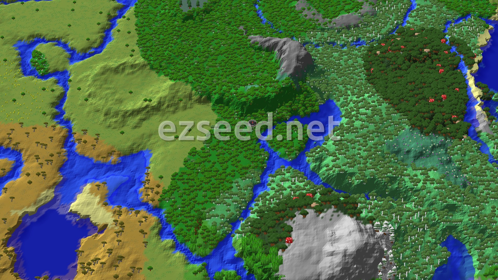 An aerial view shows a lush green landscape of forests, with a winding river, some plains, and a snow-capped mountain peak.