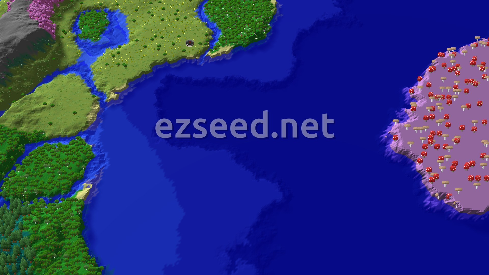 An aerial view of a Minecraft landscape featuring a mix of Sunflower Plains, a dense Flower Forest, and distant oceans.
