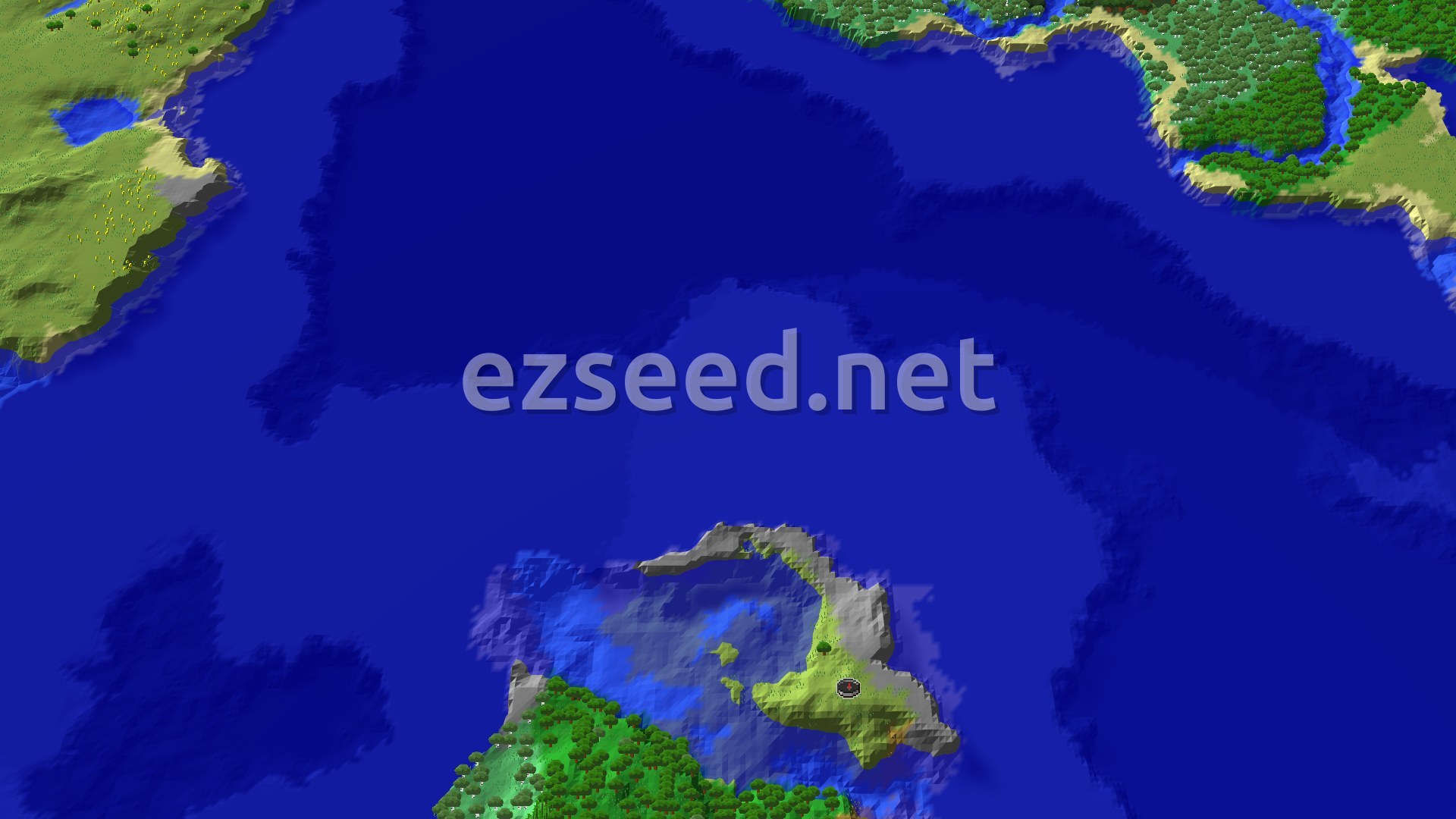 An overhead view of a large island surrounded by ocean, featuring plains, forests, and some hilly terrain. A small spawn marker is visible near the center of the island.