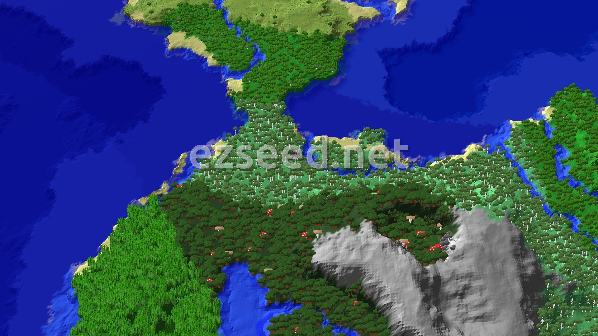 An aerial view shows a dense birch forest at the center, surrounded by dark forests, various other tree types, and a prominent gray mountain range to the southeast. Water bodies are visible to the north and west, with beaches lining the coast.