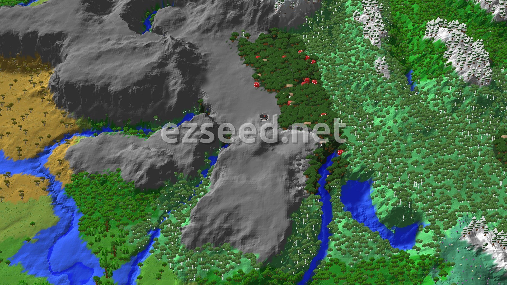 An overhead 3D render of a Minecraft world showing a dark forest with red mushrooms near a spawn marker, surrounded by grey mountains, green forests, and a savanna biome, with rivers cutting through the landscape.