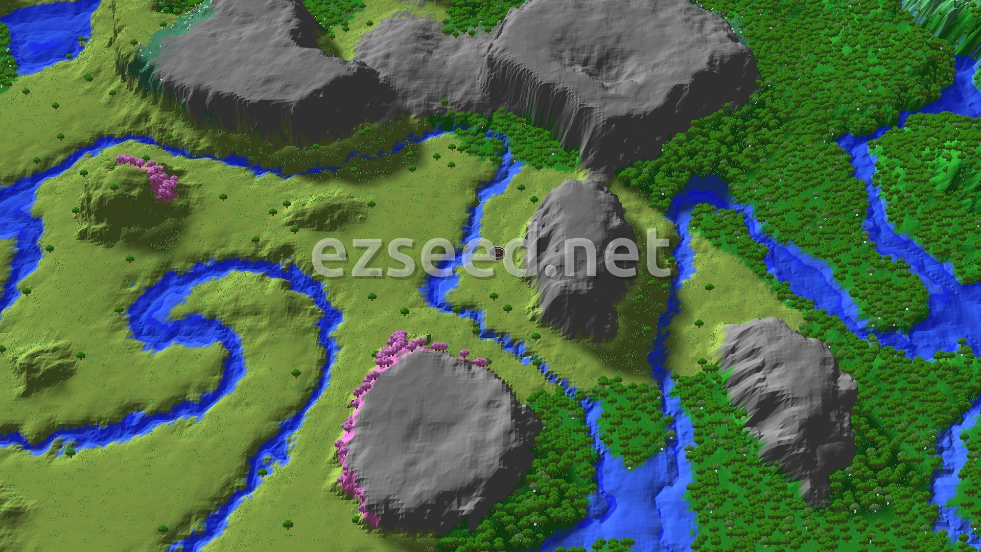 An aerial view of a mostly flat, green plains biome with winding blue rivers, scattered small trees, and a few patches of pink cherry trees. Gray, rocky mountains rise in the distance and near the rivers.