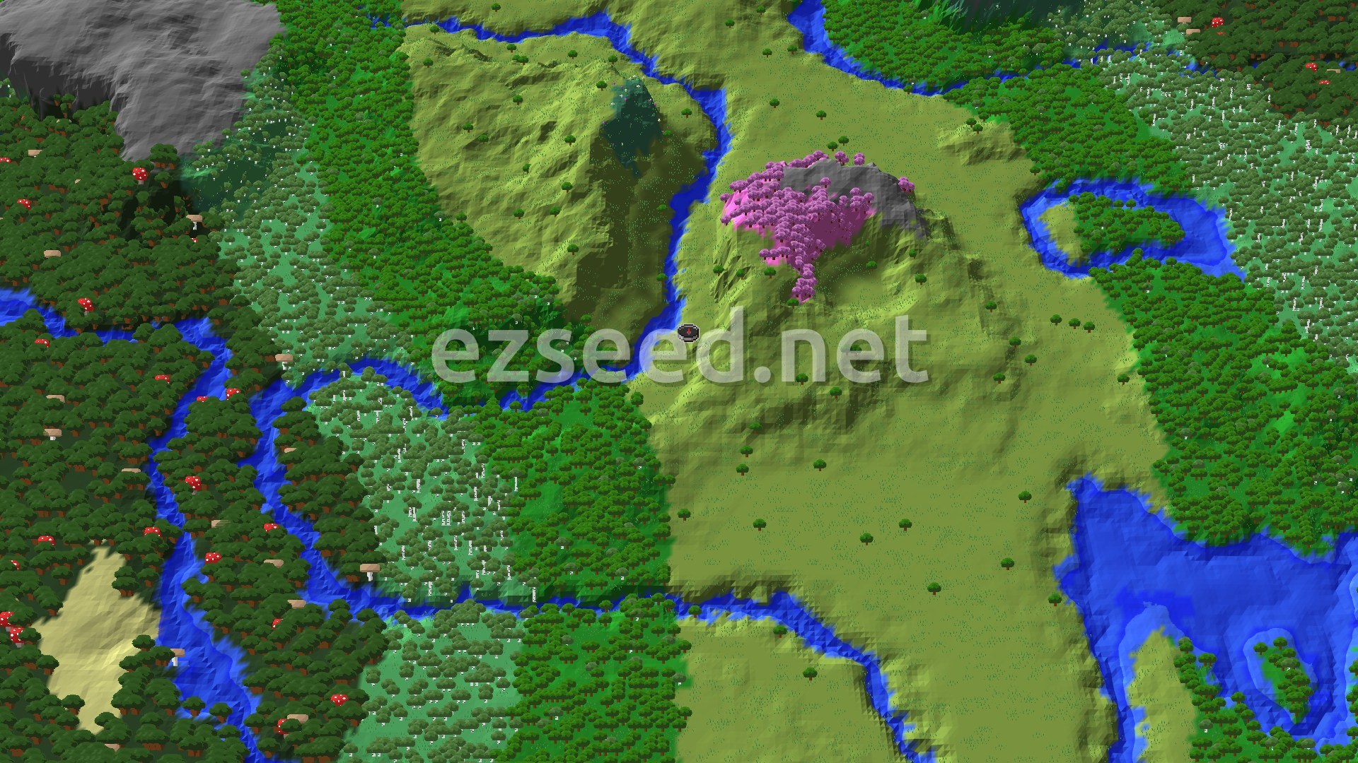 An aerial view showing a spawn marker on a grassy plain, with a distinctive pink-leafed Cherry Grove hill nearby, surrounded by various forests and winding rivers.