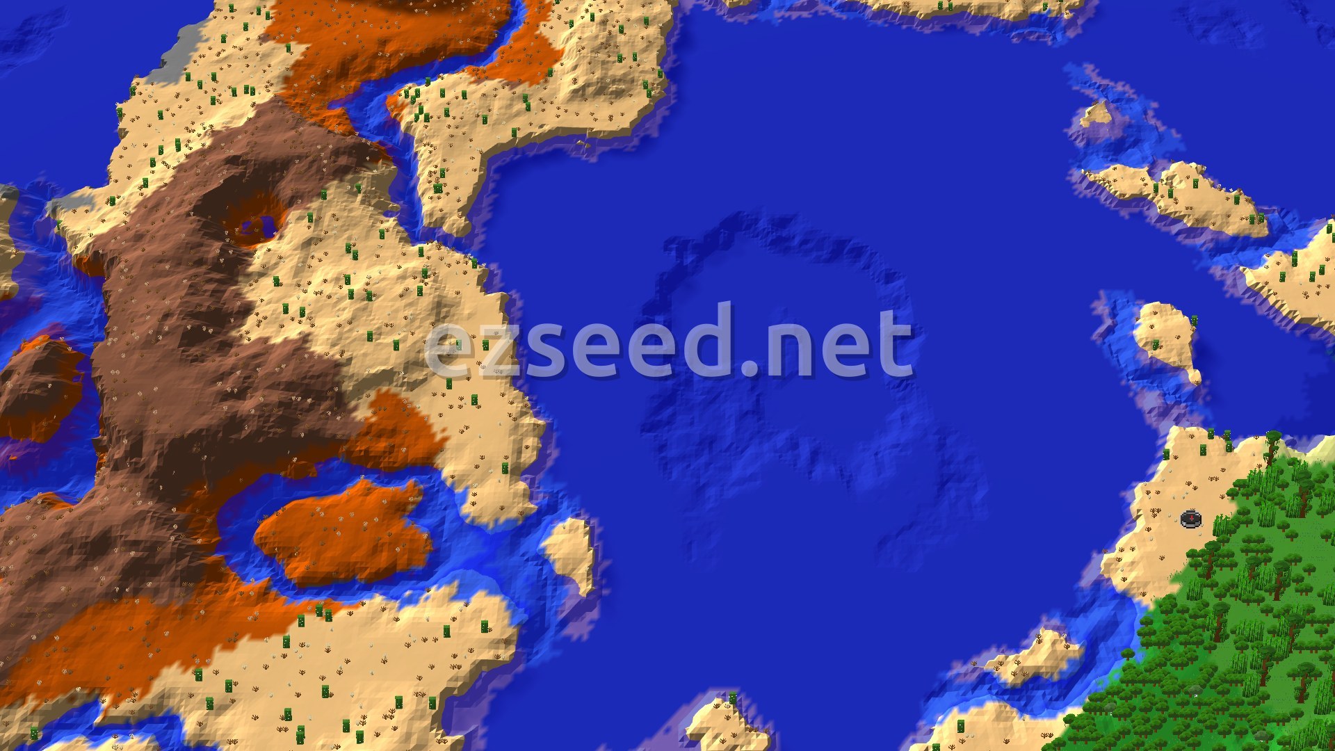 An aerial view showing a large blue ocean surrounded by sandy desert biomes. A darker brown, elevated badlands area is visible to the west, and a dense green jungle is to the southeast, with a few small desert islands scattered in the water.