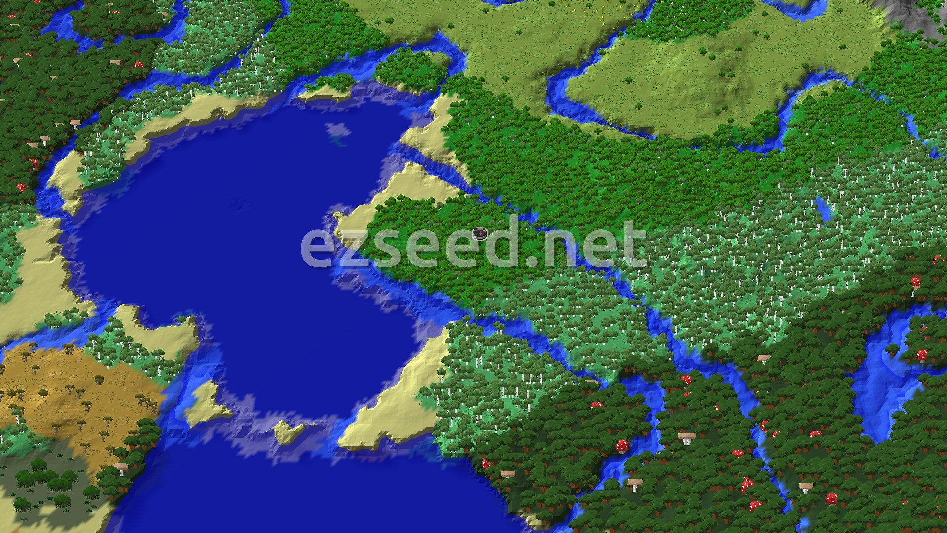 An aerial view of a varied landscape, featuring dense forests, winding rivers, a large lake with sandy beaches, and patches of lighter green plains and darker green dark forests.