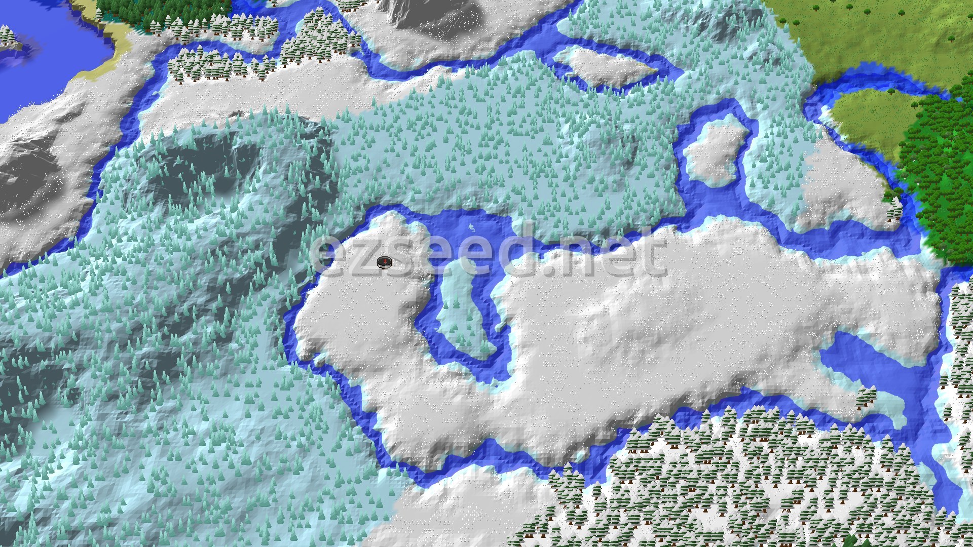 An overhead 3D view of a mostly snowy landscape, featuring a large white snowfield, icy rivers, and areas of snow-covered pine trees. A small black marker indicates the spawn point near a river.