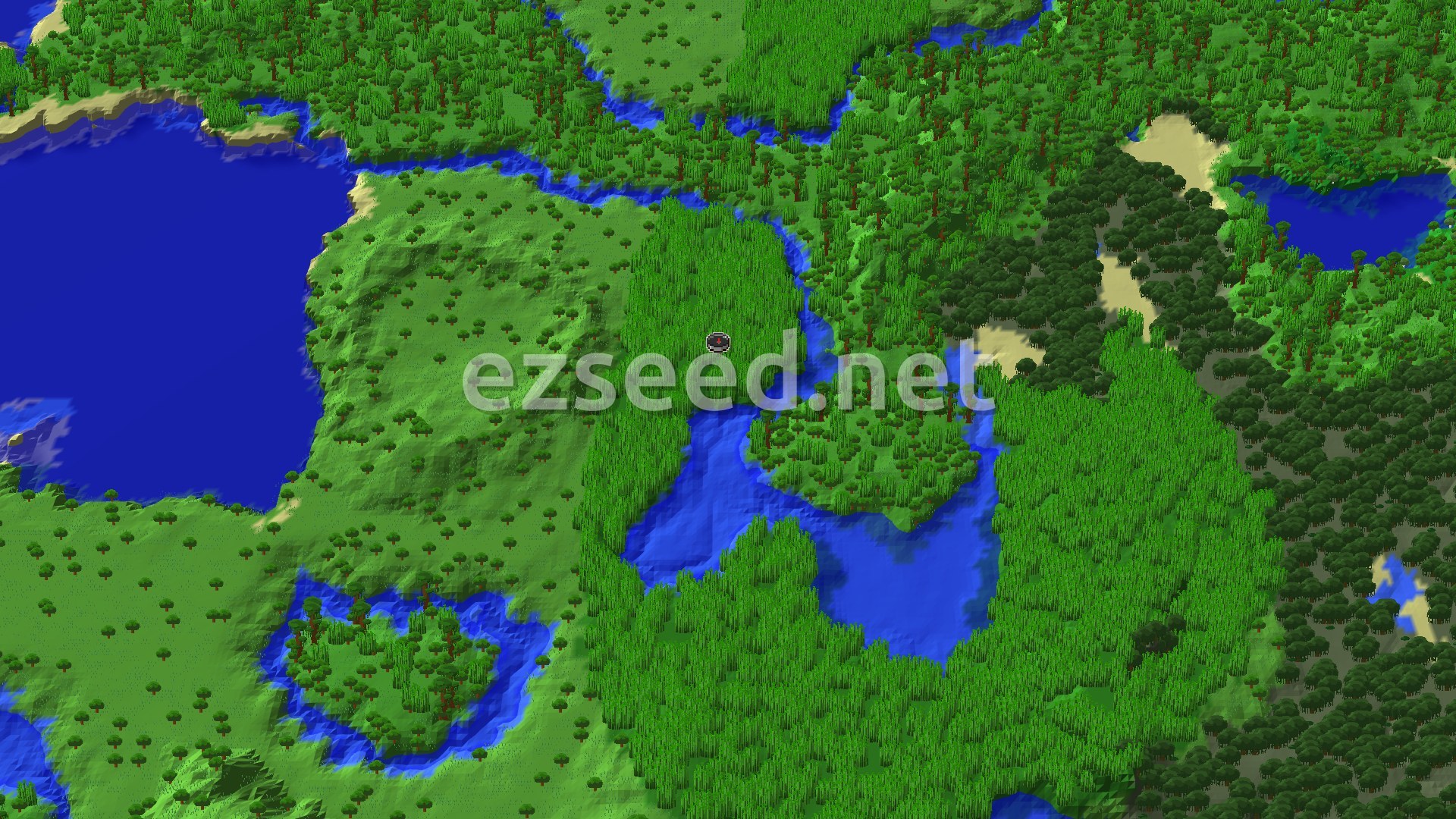 An overhead 3D view of a lush, green landscape dominated by dense jungle and bamboo, with winding rivers and several lakes.