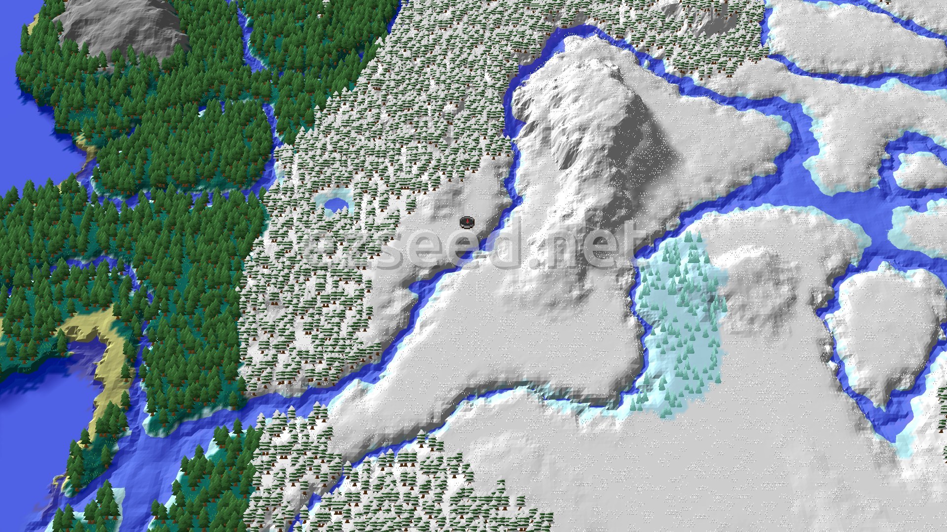 A 3D fly-over rendering shows a mostly snowy and forested landscape, with blue rivers and a small spawn marker in the center of a snowy plains area.
