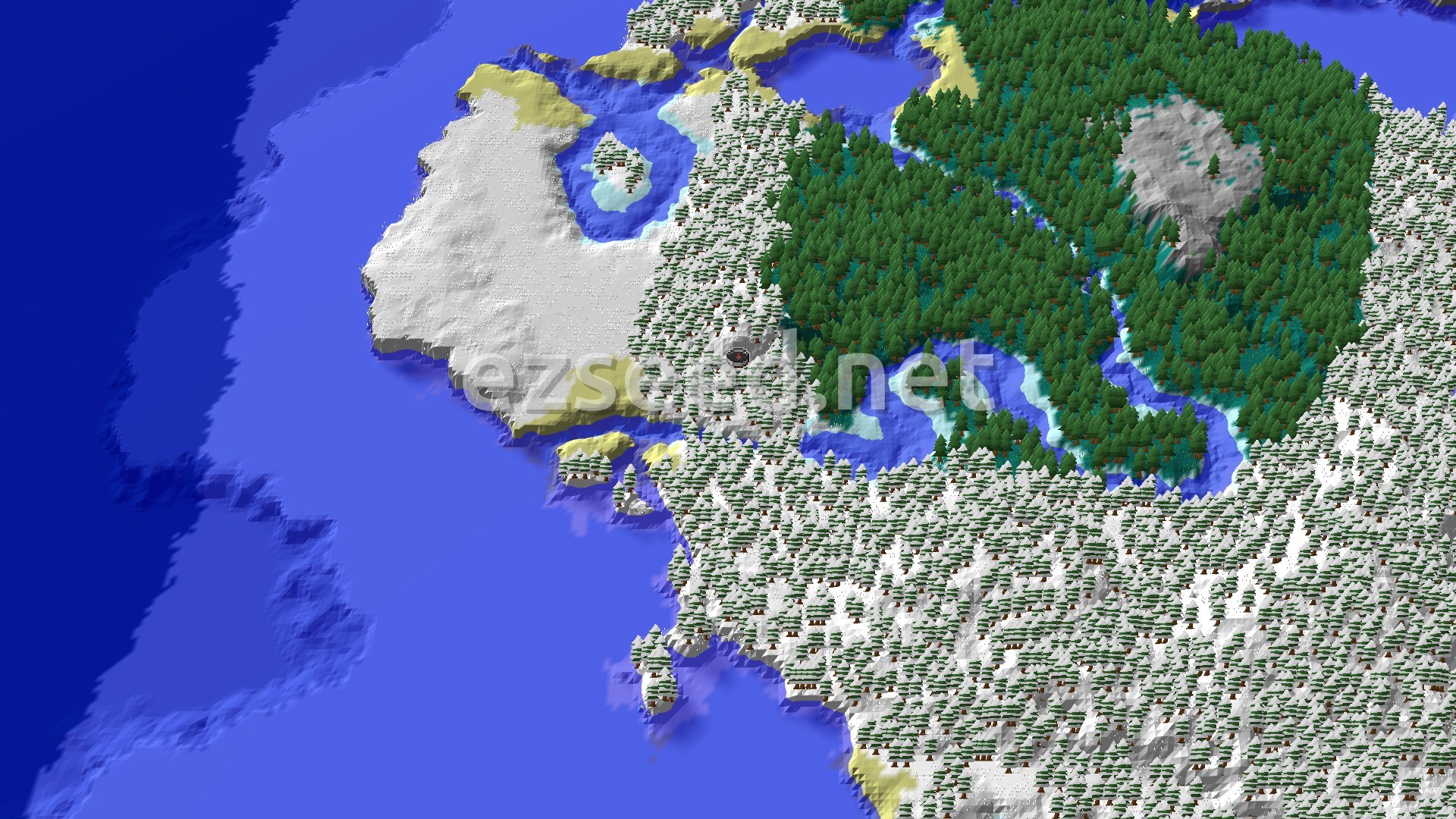 An aerial view of a snow-covered taiga forest with scattered frozen rivers and patches of open snowy plains.