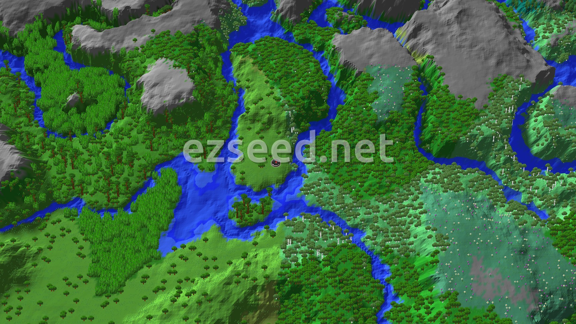 Aerial Minecraft seed map — Sparse Jungle Spawn with Nearby Ancient City