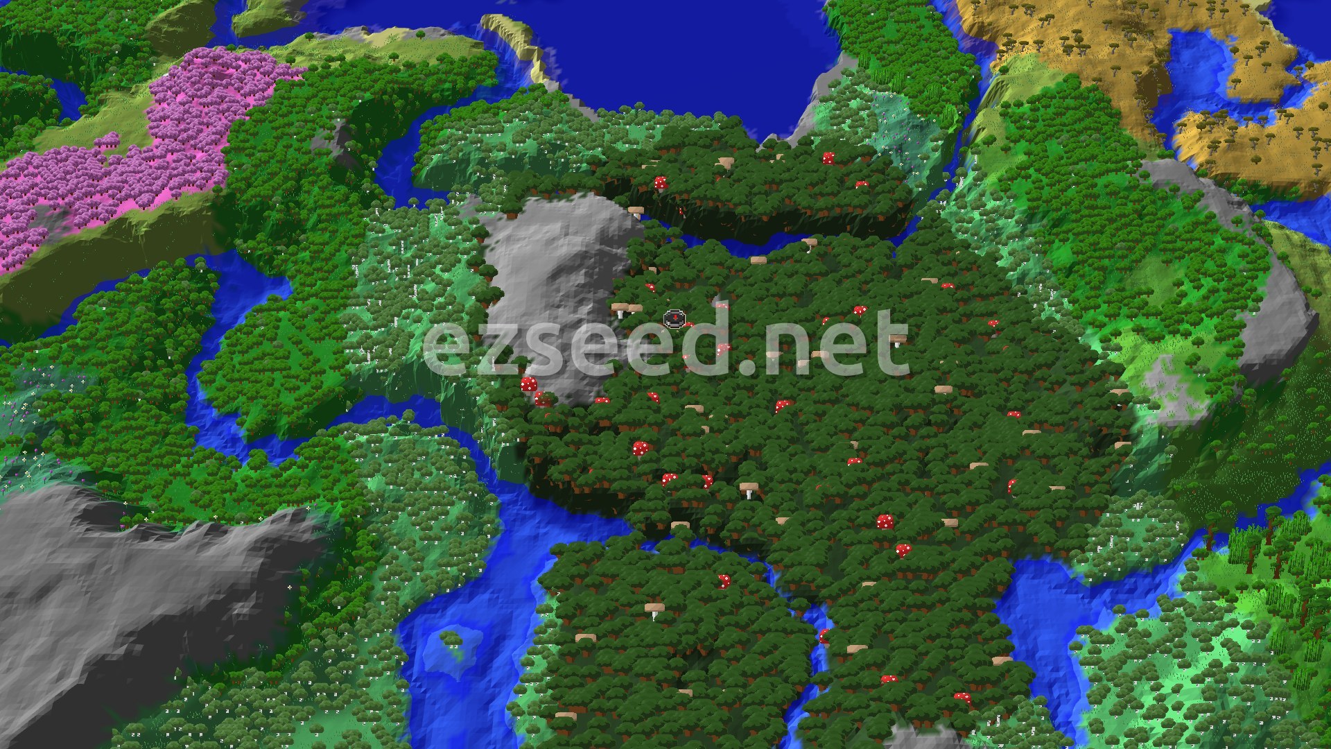 An overhead view of a dense Dark Forest biome with dark oak trees and large red mushrooms, surrounded by rivers and other forest biomes. A patch of pink Cherry Grove trees is visible to the northwest.