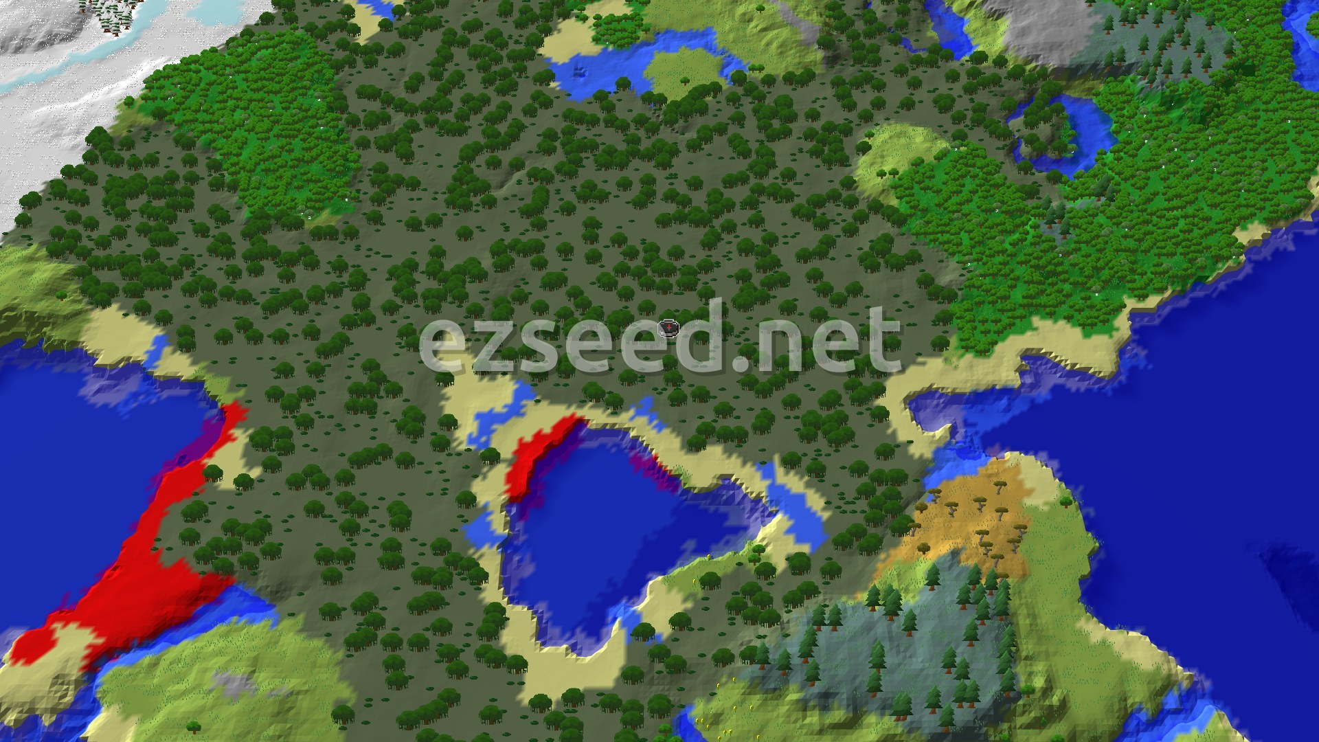 An aerial view of a Minecraft world showing a spawn marker in a swamp, surrounded by forests, beaches, and a large body of water, with snow-covered biomes visible in the distance.