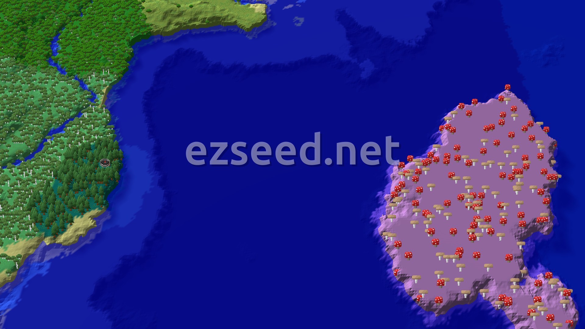 Aerial Minecraft seed map — Spawn Near a Mushroom Fields Island