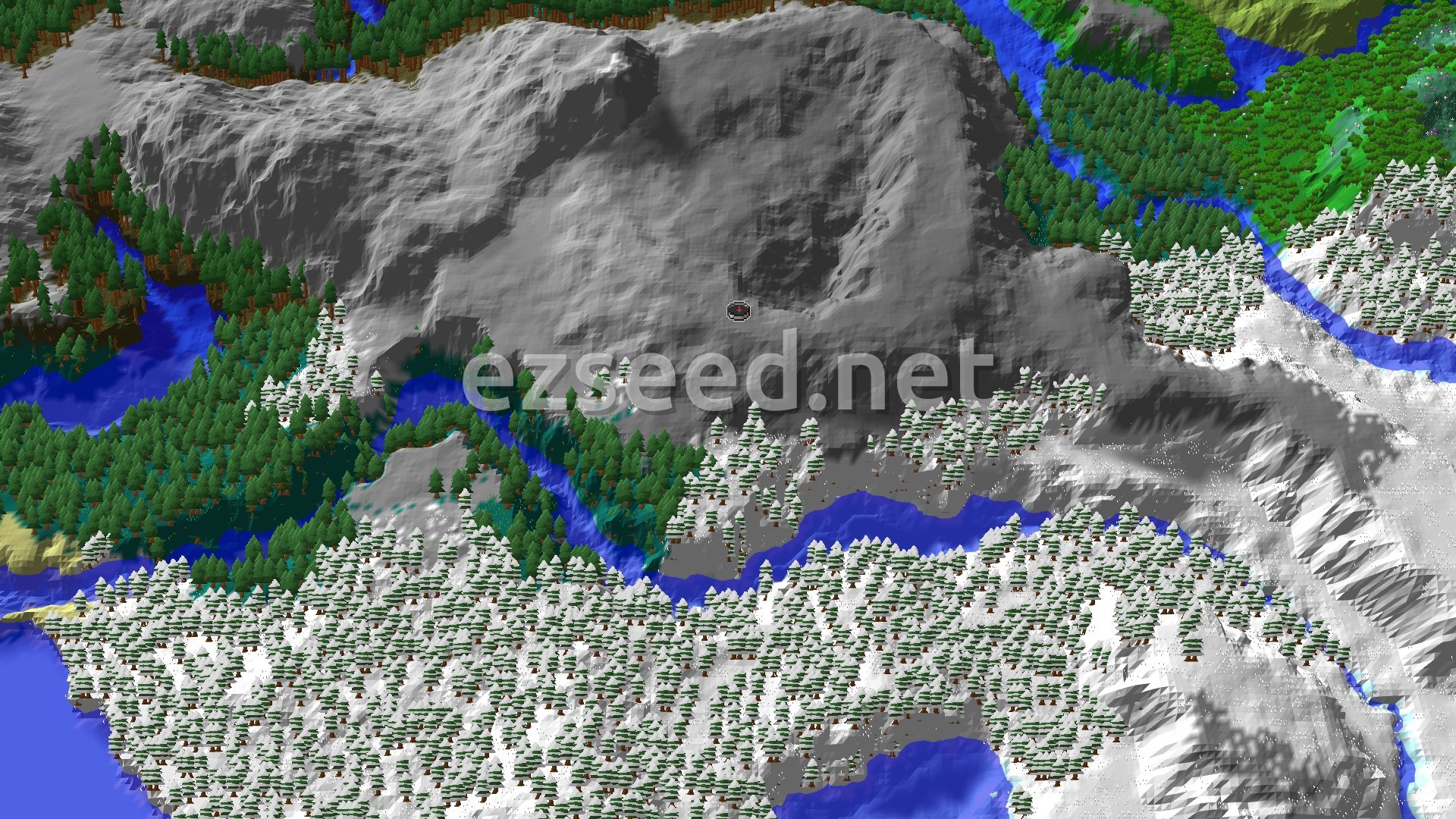 Aerial Minecraft seed map — Snowy Taiga Spawn with Nearby Ancient City