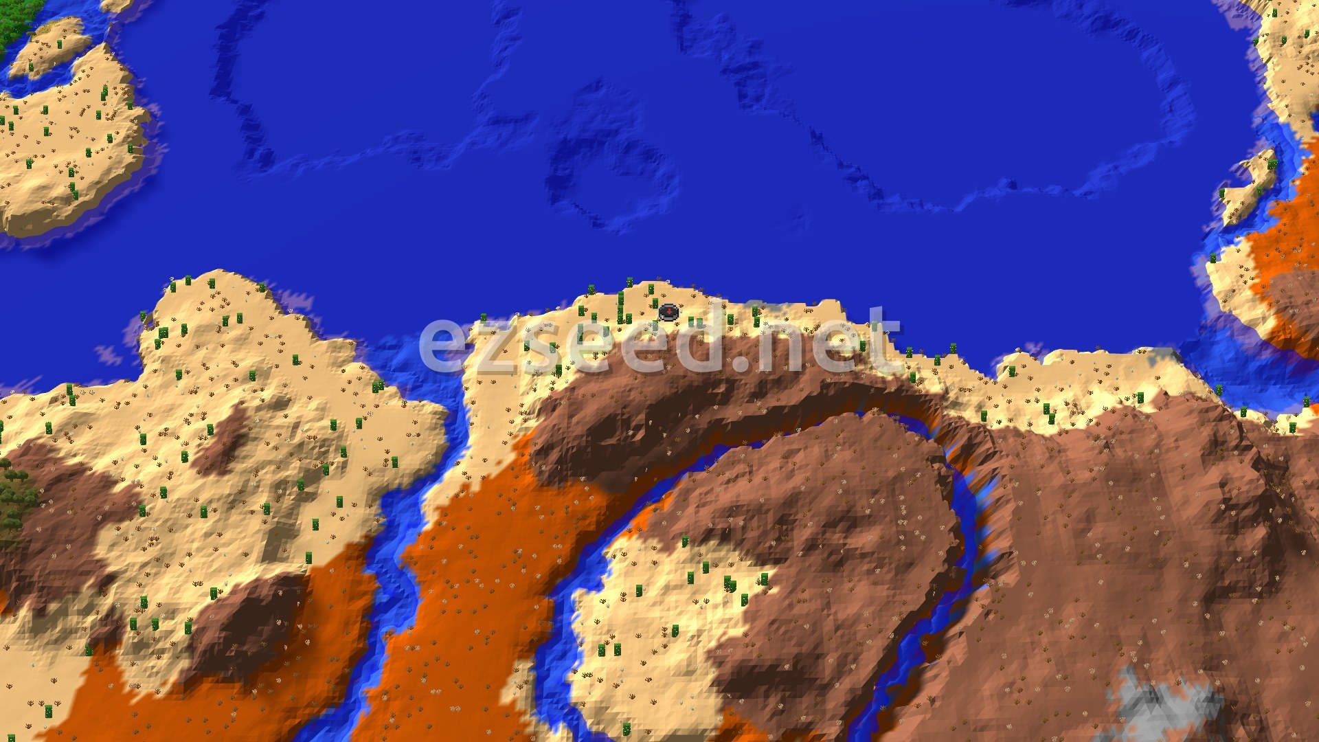 A 3D overhead view of a desert landscape bordering a large ocean. The desert has scattered cacti and rises into some hills, with darker badlands biomes visible further inland. A small spawn marker is in the desert near the ocean.