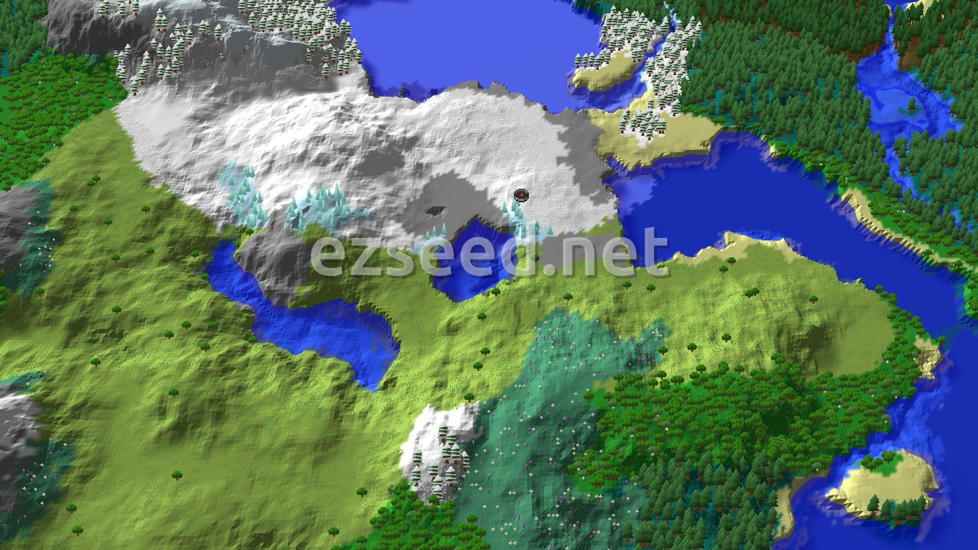 A 3D fly-over of a snowy mountain range with a spawn marker in a small snowy plains area, flanked by forests and a river.
