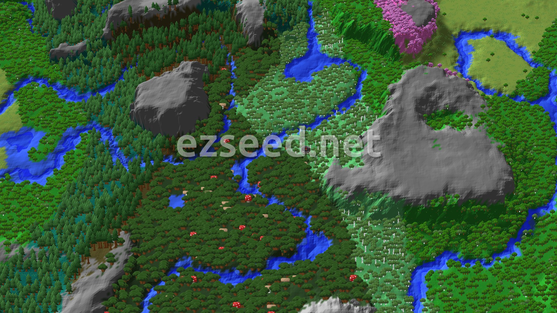Aerial Minecraft seed map — Pale Garden and Cherry Grove Near Forest Spawn