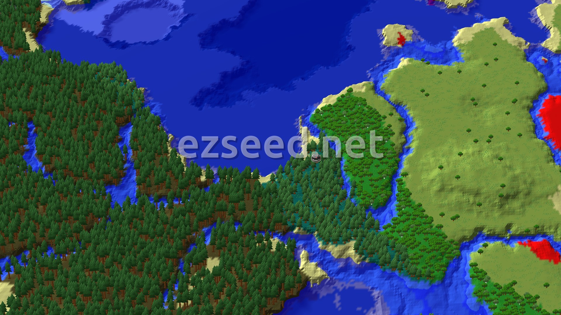 Aerial Minecraft seed map — Taiga Forest Coastline with Ocean Monument