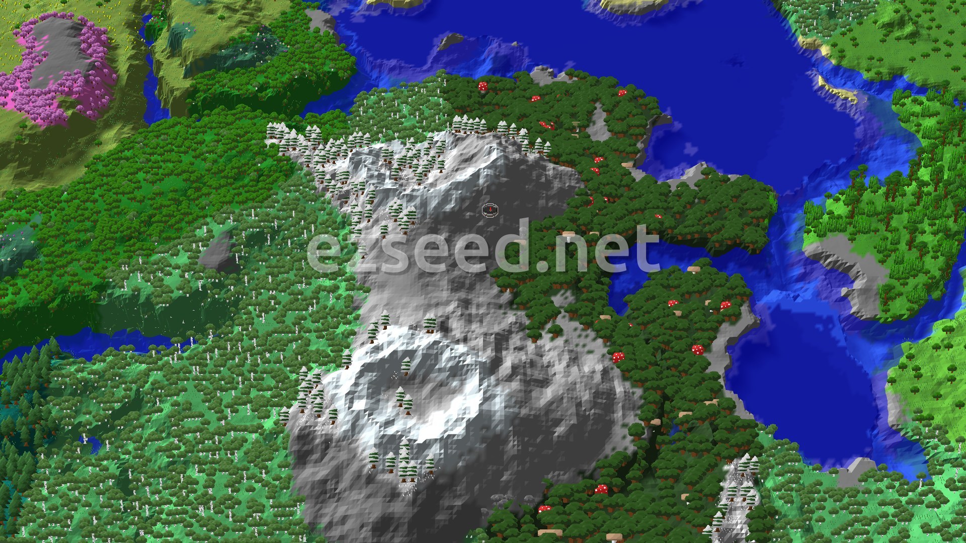 A bird's-eye view of a varied landscape, showing a prominent snow-capped mountain, dark forest with large red mushrooms, a wide ocean, and various other tree-filled biomes, with a small spawn marker on a snowy slope.