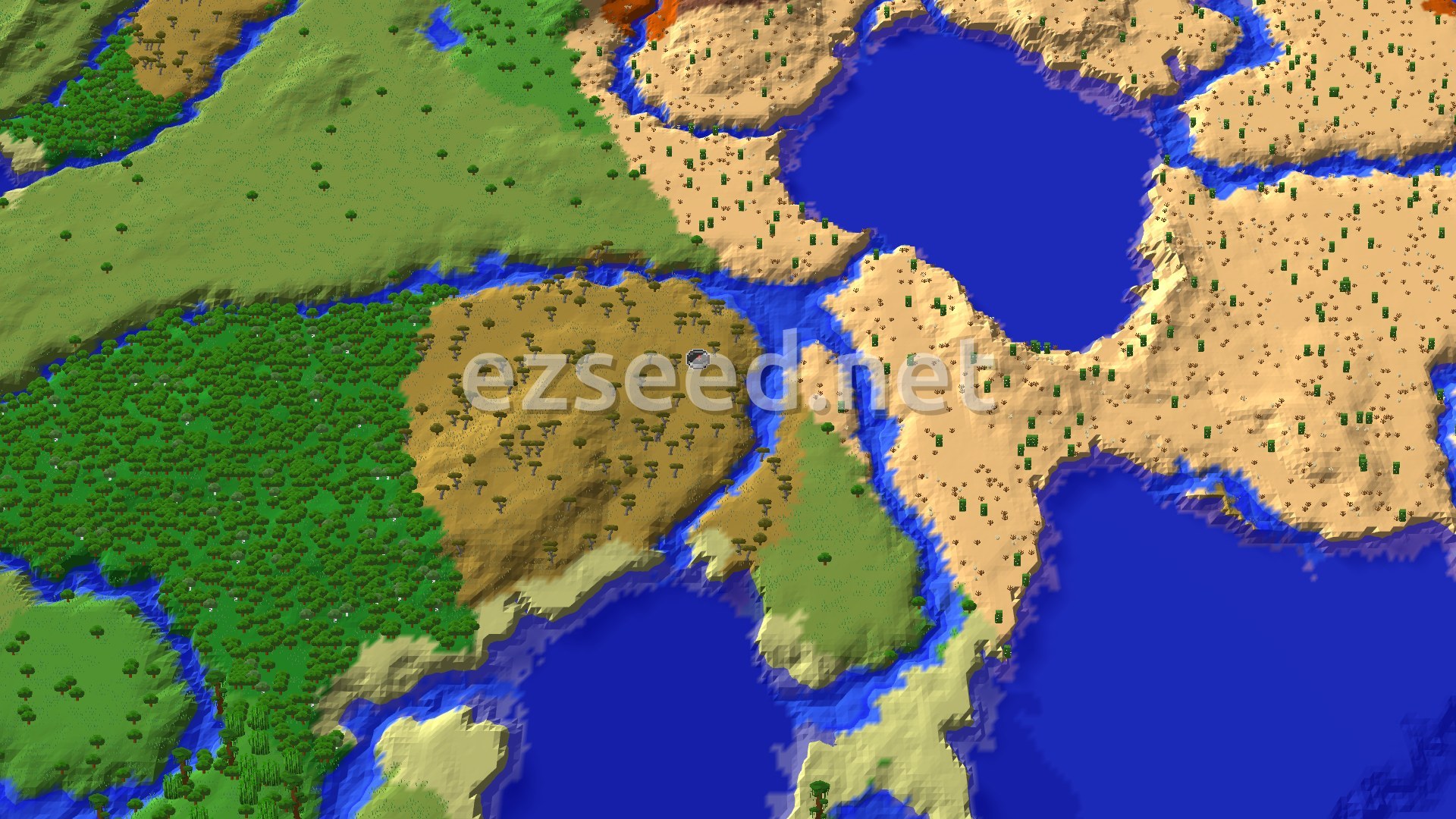 A 3D fly-over of a Minecraft world, showing a mix of savanna and forest biomes next to a large desert area, with several bodies of water.