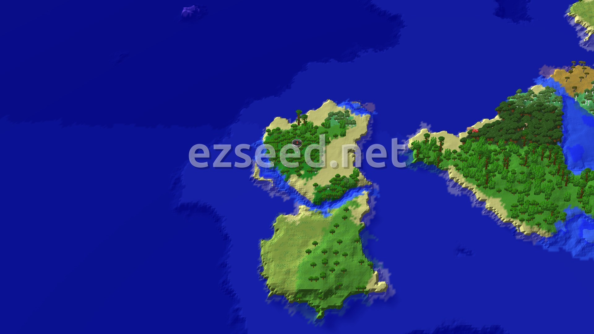 A 3D fly-over shows a medium-sized island covered mostly in dense green forest, with lighter green plains and sandy beaches around its edges, all surrounded by deep blue ocean. A small red spawn marker is visible near the center of the island.